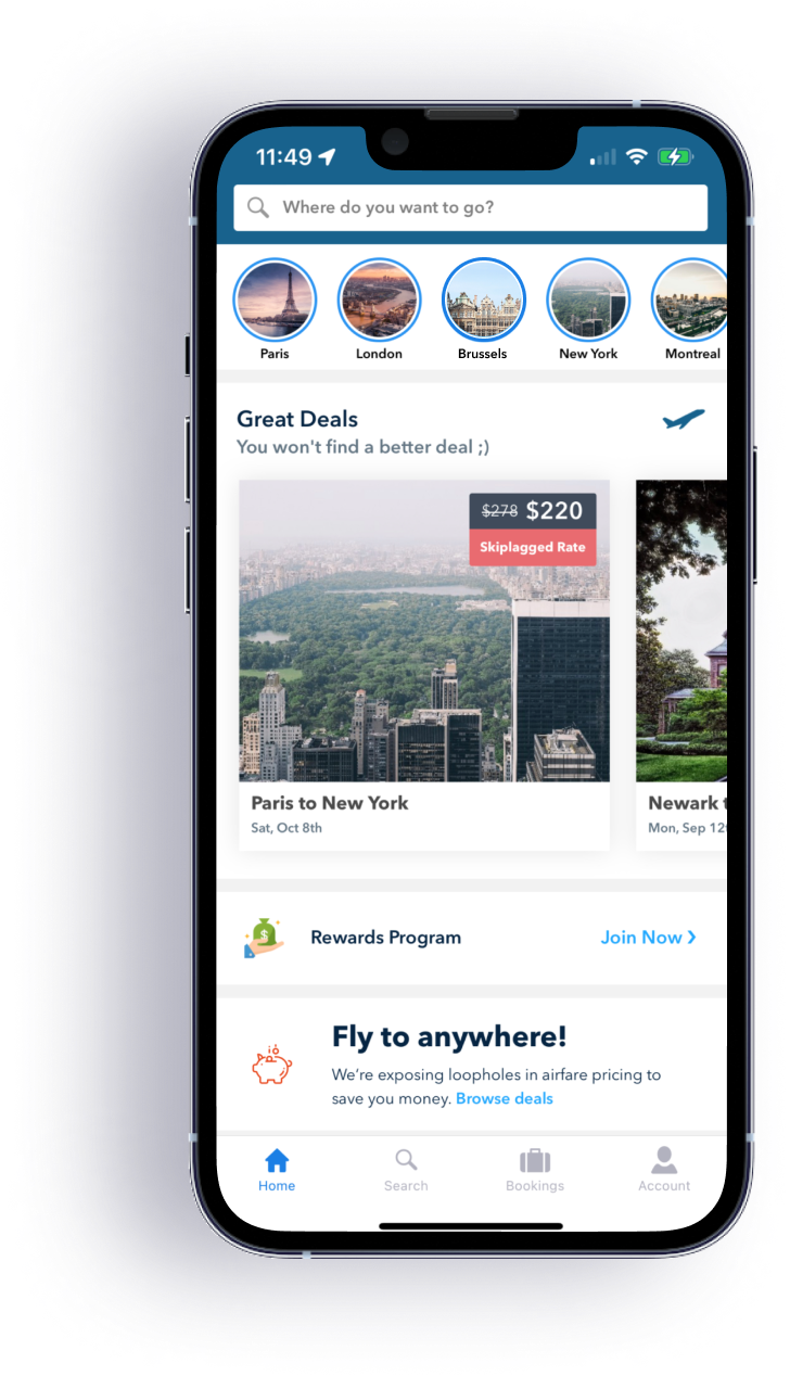 App Skiplagged su un cellulare